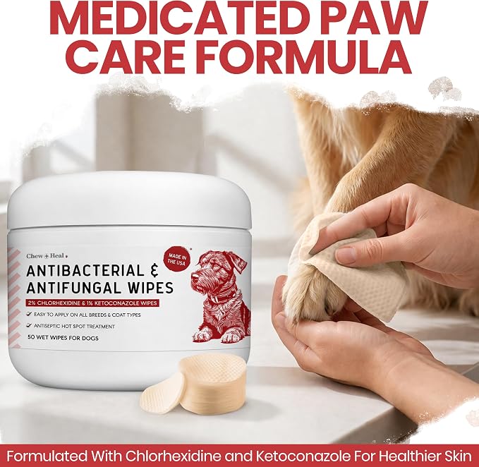 Chew + Heal Labs Dog Paw Wipes Antibacterial 100 Count - Antifungal Wipes for Dogs with 2% Chlorhexidine and 1% Ketoconazole - Good for All Breeds - Made in the USA