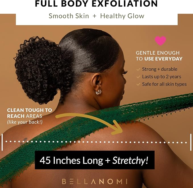 BELLANOMI African Exfoliating Net Sponge, Authentic, Ethically sourced from Nigeria, 45 inches Long, Back Scrubber for Daily use (Emerald Green)