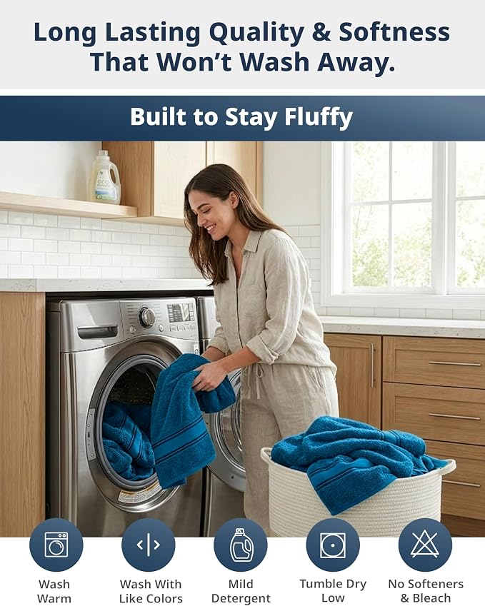 LANE LINEN Luxury Bath Towels Set - 12 Piece, 100% Cotton, Zero Twist, Super Soft & Absorbent, 4 Bath Towels, 4 Hand Towels, 4 Washcloths - Sea Port