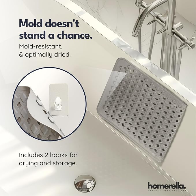 Bathtub Mat Non Slip 28x16 - homerella® Bath Mat Incl. Hooks for Drying, 100% BPA Free, Shower Mat Non Slip Anti Mold, Machine Washable, Shower Mats for Inside Shower Mildew Resistant (Grey)