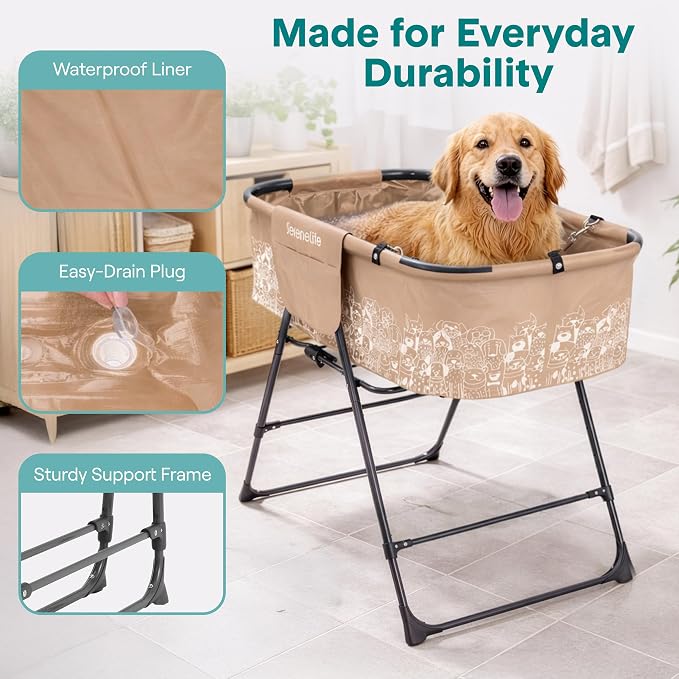 SereneLife Foldable Dog Bath Tub with Adjustable Height, 360° Access, Drain Hose & Storage Pockets – 130 lb Capacity Grooming Station for Indoor/Outdoor Use (Beige)