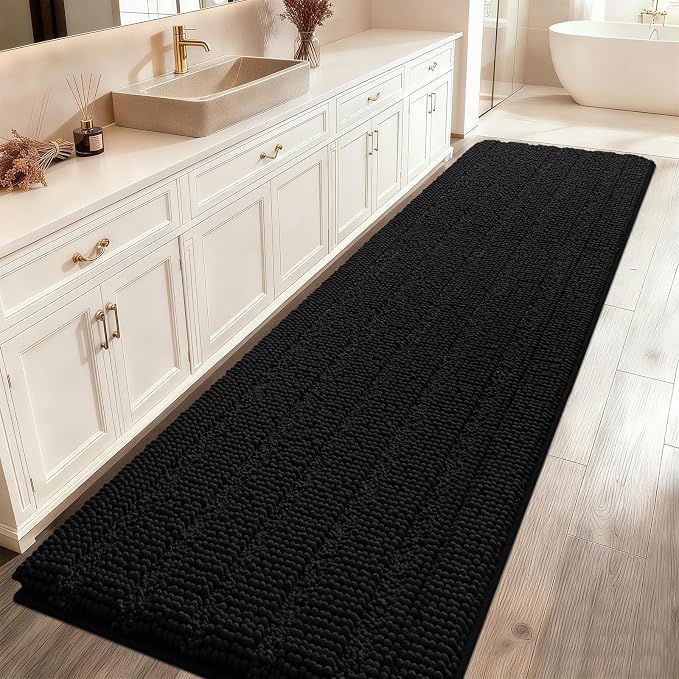 ACCUMTEK Striped Black Bathroom Rug Mat 59"x20" Ultra Soft, Non Slip Chenille Bath Rugs, Absorbent Plush Shaggy Bath Mats for Bathroom, Bedroom, Kitchen, Shower, Tub