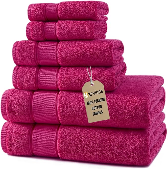 Marvione Bath Towels Set 6 Piece, 100% Turkish Cotton Highly Absorbent and Soft Towels for Bathroom 2 Bath Towels 2 Hand Towels 2 Washcloths, Hot Pink