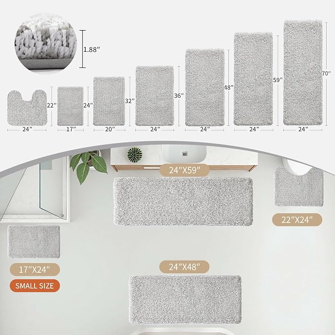 Disolla Bathrom Runner Rug 24x59 - Large Soft Plush Bath Mat, Thick Long Non-Slip Shaggy Floor Mat, Ultra-Absorbent for Master Bathroom Bedroom, Grey & White