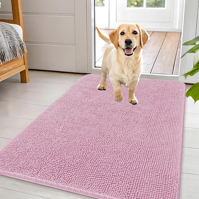 OLANLY Dog Door Mat for Muddy Paws 44x32, Absorbs Moisture and Dirt, Absorbent Non-Slip Washable Doormat, Quick Dry Chenille Mud Mat for Dogs, Entry Indoor Entryway Carpet for Inside Floor, Dusty Rose