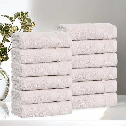 Superior Belmont Zero Twist Cotton Medium Weight Small Towels, for Kitchen, Bathroom, Shower, Spa, Plush, Quick Dry, Ultra-Soft Essentials, Thick Border, Face Towels Washcloths, Set of 12, Silver