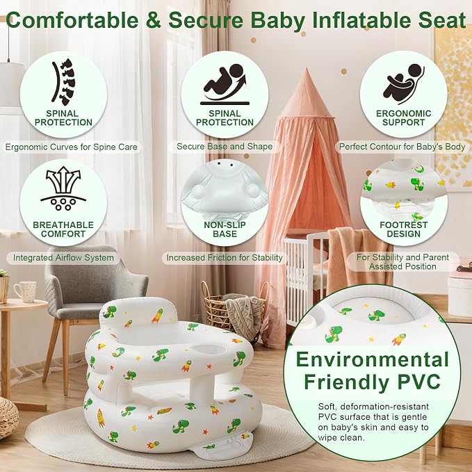 Inflatable Baby Seat for Babies 3-36 Months, Baby Chair with Fence & Built in Air Pump, Blow Up Floor Seat with Back Support, Inflatable Infant Chair Sit Me Up for Home, Travel Green Dinosaur