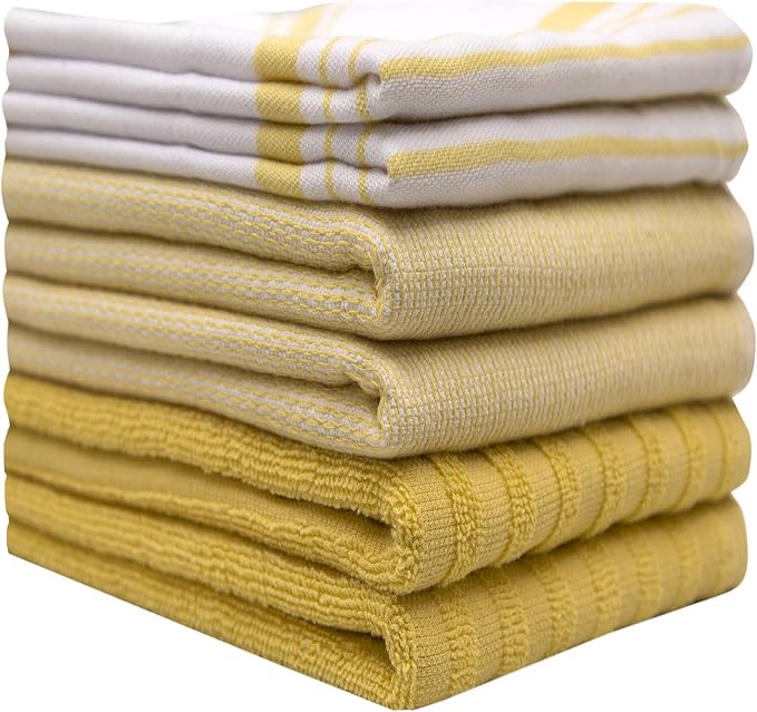 Premium Kitchen Towels (20”x 28”, 6 Pack) | Large Cotton Dish Towels | Flat & Terry Highly Absorbent Kitchen Linen Set with Hanging Loop | Yellow Striped