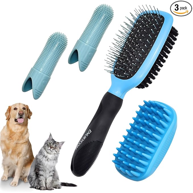 Double-Sided Pet Dog Cat Brush for Detangling Deshedding & Removing Small Mats plus Rubber Dog Bath Brush for Grooming, Shedding, Massage & Skin Care Brush - Best Pet Detangler Brushes