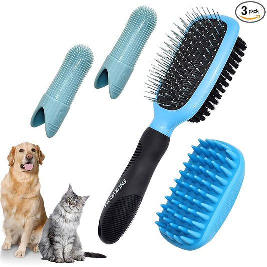 Double-Sided Pet Dog Cat Brush for Detangling Deshedding & Removing Small Mats plus Rubber Dog Bath Brush for Grooming, Shedding, Massage & Skin Care Brush - Best Pet Detangler Brushes