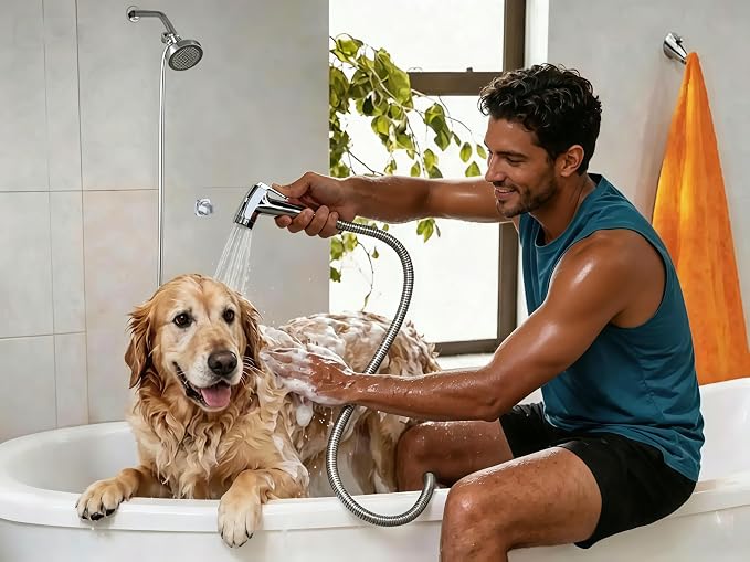 Dog Shower Attachment Kit with Handheld Sprayer – 8FT Flexible Stainless Steel Hose + Shower Arm Diverter – High Pressure Pet Bath Wand for Medium & Large Dogs, Long Thick Coat, Indoor All-Year Use