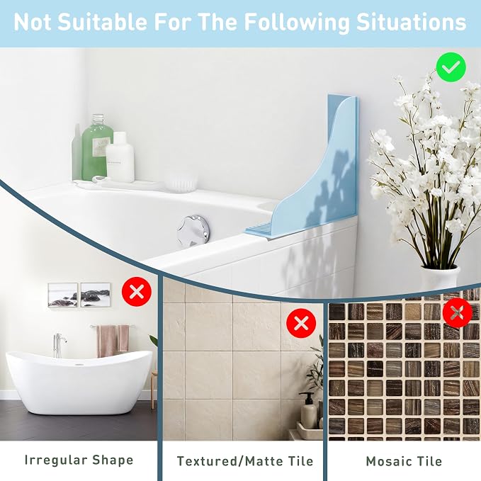 No-Adhesive 2-Pack All-Silicone Shower Splash Guard with Strong Suction Cups, Reusable One-Piece Bath Tub Corner Water Blocker for Secure Seal&Easy Removal，Keep Water in Shower or Bath, Baby Blue