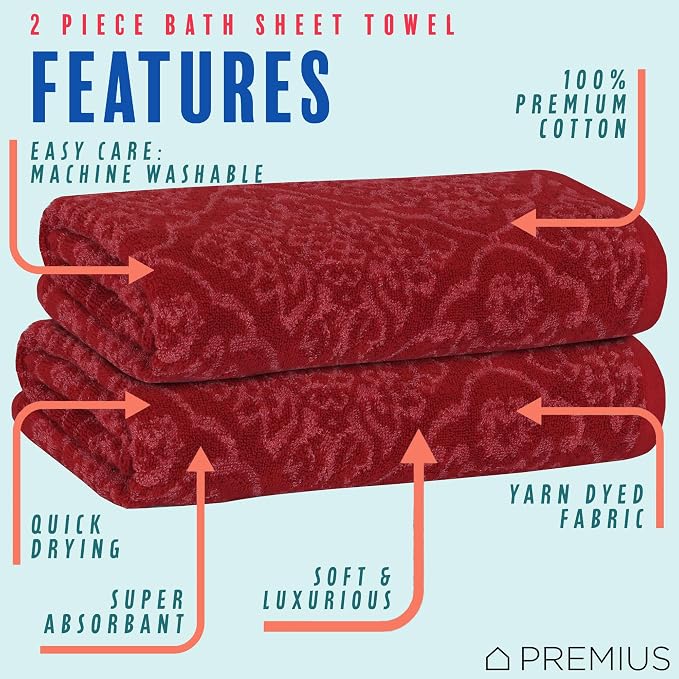 2 Pack Damask Hand Towel, Bath Towel, and Bath Sheet Towel, 100% Cotton Yarn Dyed, Lux Drying Experience, Great for Hands and Body, Perfect for Spa & Home Use (Burgundy, Bath Sheet)
