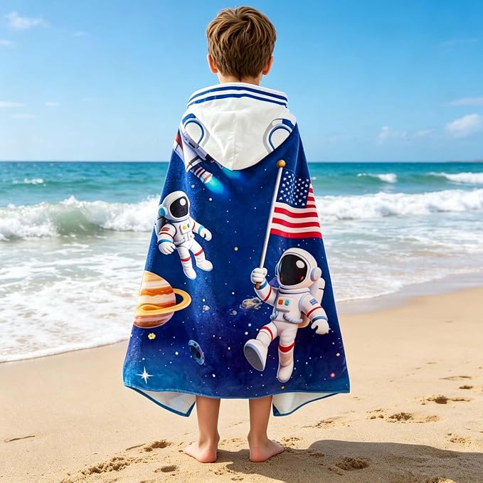 VOOVA & MOVAS Kids Hooded Towels Age 3-8, 30''X50,Soft | Thick | Absorbent Cotton Beach, Bath, Pool Towel | Wrap, Oversized for Boys Girls | Space Theme