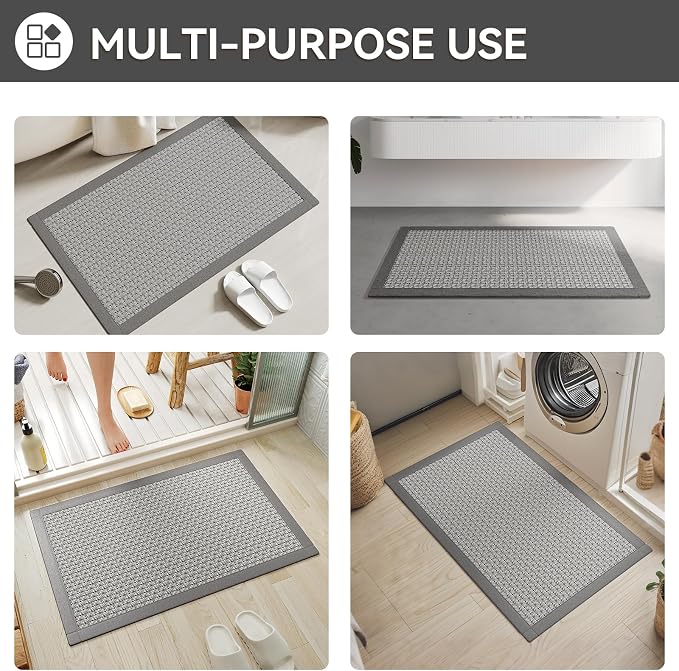 YDKGL Non Slip Bath Mat Bathroom Rugs, Soft Jute-Like Ultra Thin Bath Mats, Rubber Backing Super Absorbent Quick Dry Bath Rug Shower Mat Fit Under Door Bathroom Floor, Machine Washable, Gray 16" x 24"
