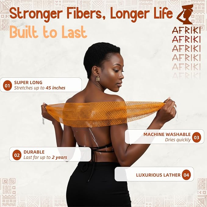 African Net Sponge, Premium Authentic Exfoliating Body Scrubber, Extra Long Stretch Bath Sponge for Shower, Deep Exfoliating Washcloth for Smooth Skin, 1 Pack (Burnt Orange)