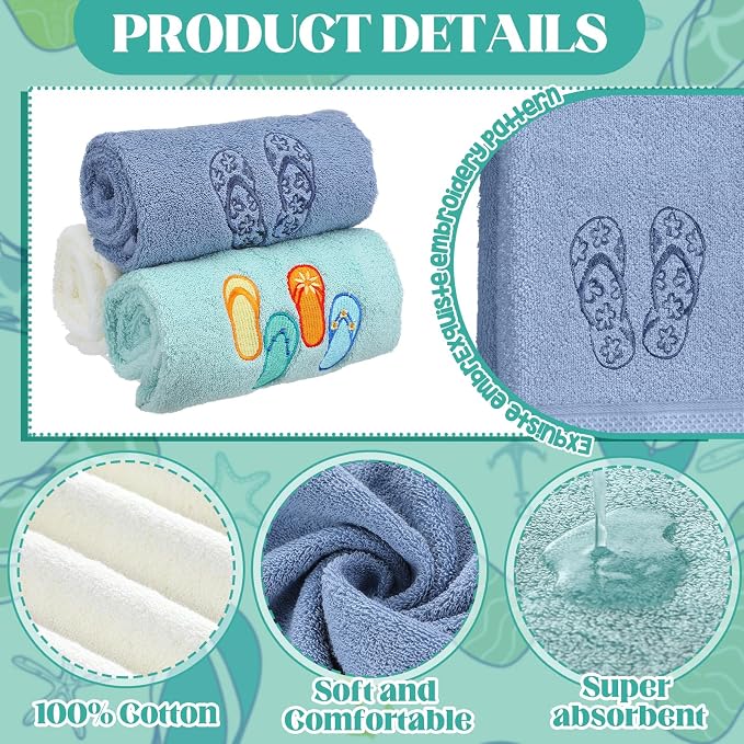 Hahafelt 3 Pack Coastal Hand Towels for Bathroom 100% Cotton Embroidered Beach Bathroom Towels 13.78 x 29.53 Inch Soft Absorbent (Flip Flops)