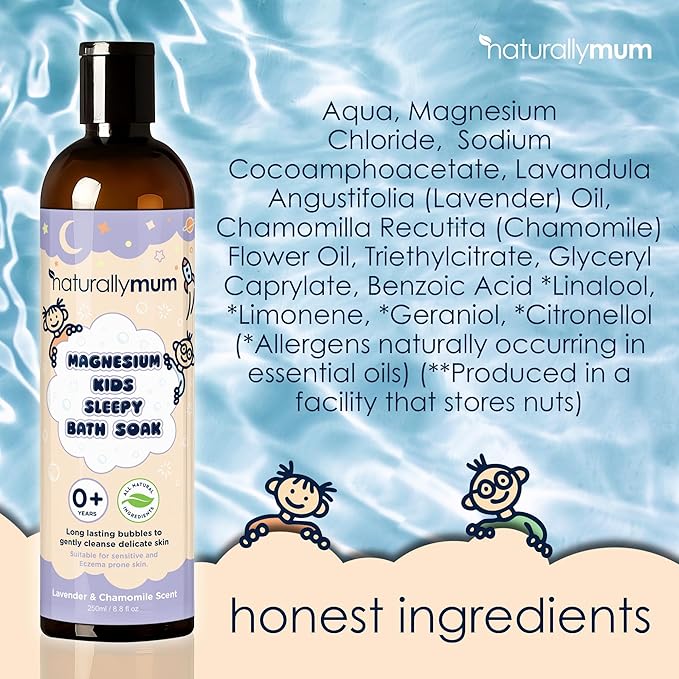 NaturallyMum Kids Magnesium Sleepy Bath Soak - Bubble Bath - All-Natural & Calming - Suitable for Newborns with Dry & Sensitive Skin - Lavender & Chamomile Essential Oils – Made in UK - 8.8fl oz