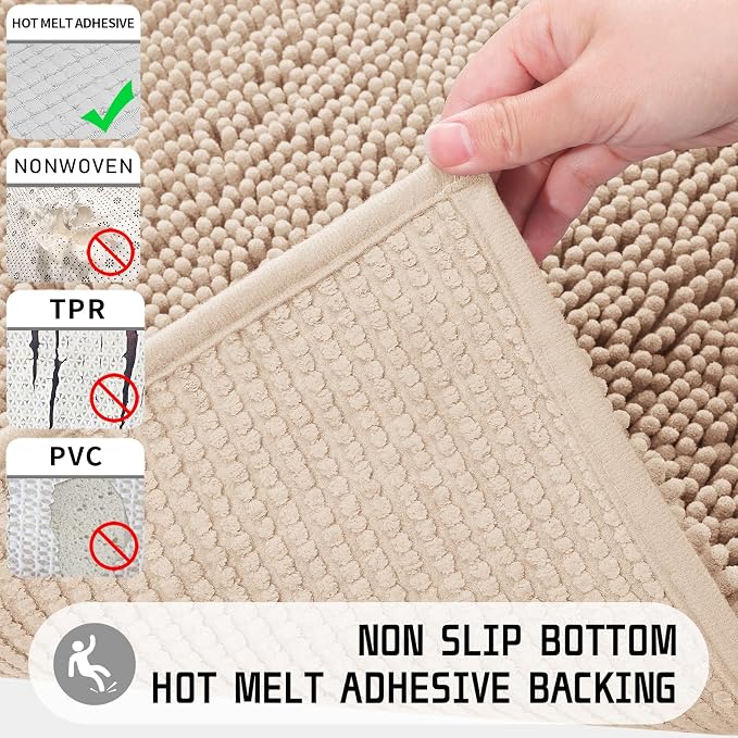Yimobra Long Bathroom Rugs 44"x24", Extra Soft Non Slip Bath Mat for Tub, Super Absorbent Quick Dry Shaggy Rug Floor Carpet, Machine Washable,Beige