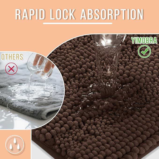 Yimobra Bathroom Rug Mat 44 x 24, Non Slip and Super Absorbent Bath Mat,Machine Washable Quick Dry,Ultra Plush Chenille Shower Rugs for Bathroom Floor Sink Tub and Shower Outside,Brown