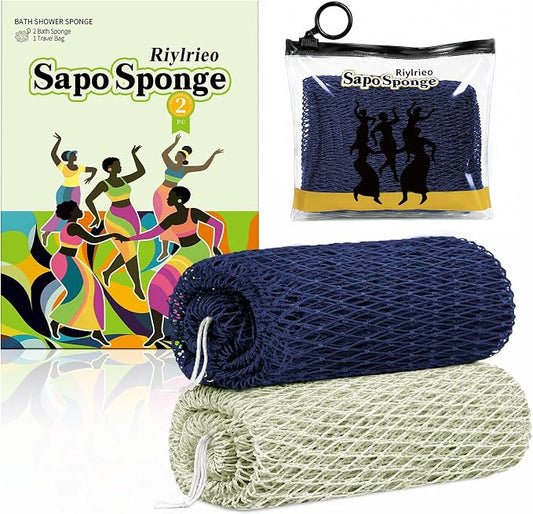 African Net Sponge for Shower, 2PCS Exfoliating Shower Sponge with Waterproof Travel Bag, Quick-Drying African Wash Cloth for Deep Cleansing & Smooth Skin (Navy Blue & Sage Green)