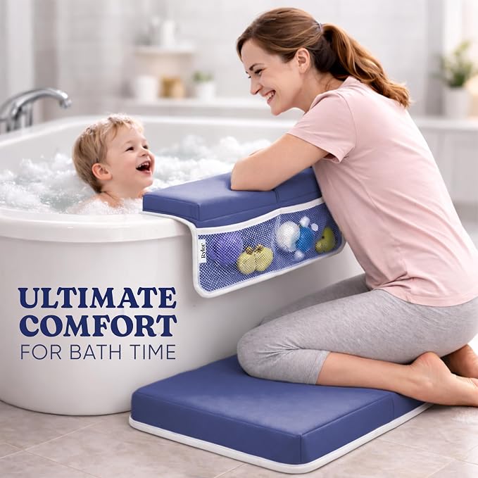 Rylor Premium Baby Bath Kneeler Mat & Elbow Rest Pad Set – Comfortable Bath Kneeler and Elbow Kneeling Rest Pad for Parents, Extra Long 26'', 2.4'' Thick, Non-Slip Support for Easy Bath Time (Blue)