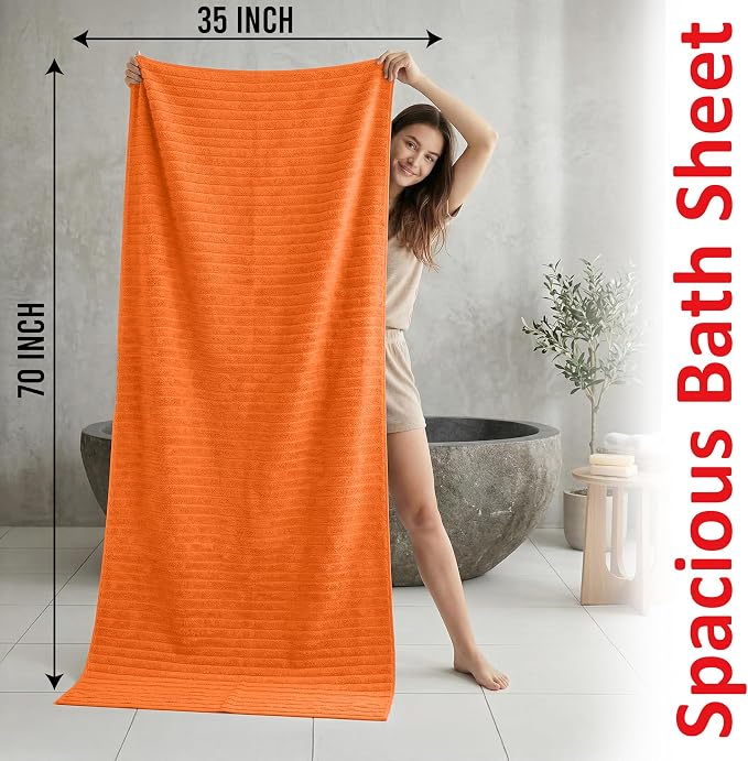 RIVERSIDE Pack of 2 Extra Large Bath Sheet Towels, 35 x 70 Inches, 600 GSM, Ribbed Stripe, 100% Cotton - Super Soft, Highly Absorbent & Quick Dry for Bathroom, Spa & Hotel, Orange