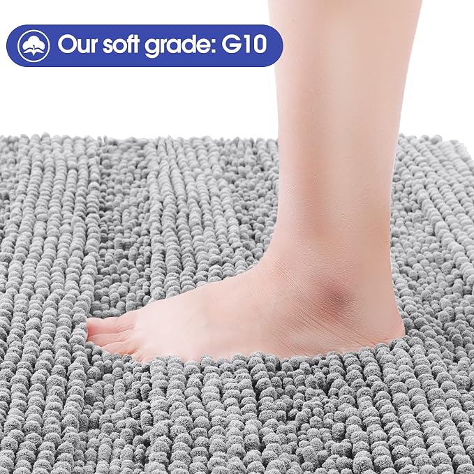 ACCUMTEK Striped Light Grey Bathroom Rug Set 3 Pieces Gray Ultra Soft, Non Slip Chenille Toilet Mat, Absorbent Plush Shaggy Bath Mats for Bathroom, Bedroom, Kitchen