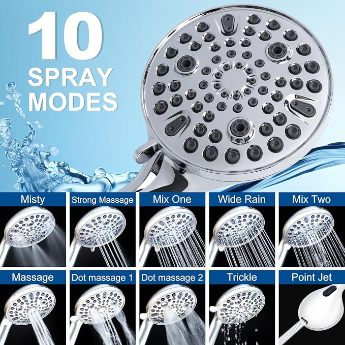 Shower Head with Handheld: Long Hose and Metal Holder, Water Saver Low Flow | California restrictions Showerhead Built-in Power Wash to Clean Tub,Tile & Pets, Multi Mode Adjustment Sprayer,Chrome, 1.8GPM