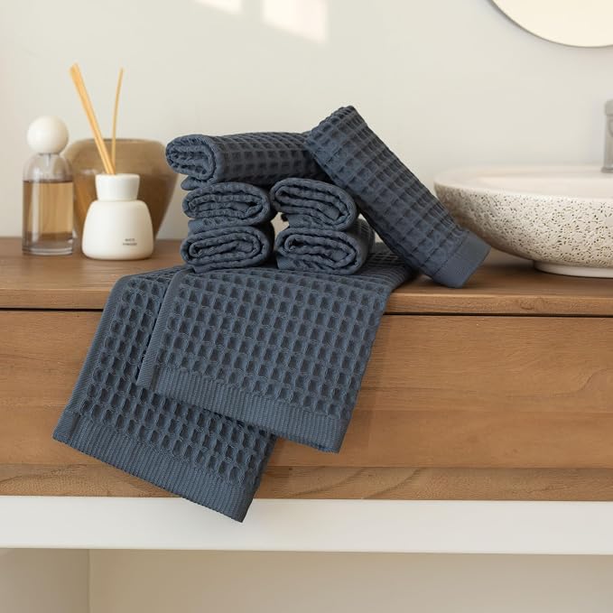 Waffle Washcloths Set of 8 Anthracite - Premium Quality 100% Turkish Cotton Face Washcloth, Soft Makeup Towel, Shower Cloth, Kitchen Towel (Anthracite, Set of 8 Washcloths)