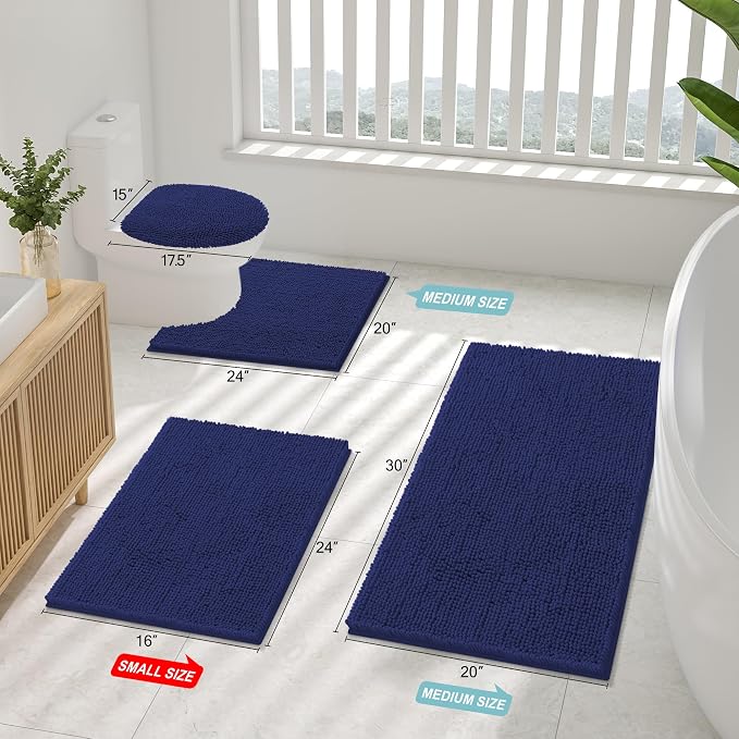 Smiry Luxury Chenille Bathroom Rugs 30x20, Extra Soft and Absorbent Shaggy Bath Mat, Machine Washable, Non-Slip Plush Carpet Runner for Tub, Shower, and Floor, Home Decor Accessories, Deep Blue