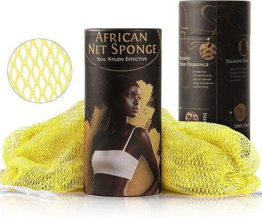 African Net Sponge Authentic Exfoliating Body Scrubber for Shower & Bath, Deep Cleansing Lather for Dead Skin Removal, Back Scrubber Gift for Women & Men（Yellow）