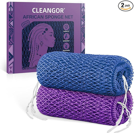 Cleangor 2Pcs African Net Sponge Authentic with Knots - Exfoliating Body | Scrubber for All Skin Types, African Bath Sponge, Wash Cloth, Gentle Exfoliation Shower Rag for Women Daily Use