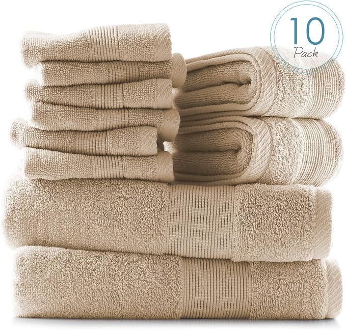 Hearth & Harbor Bath Towels for Bathroom - 100% Ring Spun Cotton Luxury Bathroom Towels - Ultra Soft & Highly Absorbent, Bath Towels Set of 10 - Beige Cream