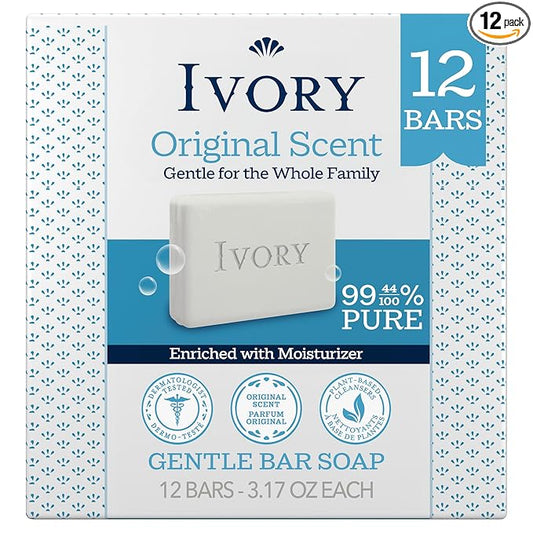 Ivory Gentle Bar Soap, Designed for Whole Family, 99.44% Pure Formula, Plant-Based Cleanser, Made Without Heavy Perfumes, Parabens & Phthalates, for All Skin Types, Original Scent, 3.17 oz (12 Count)