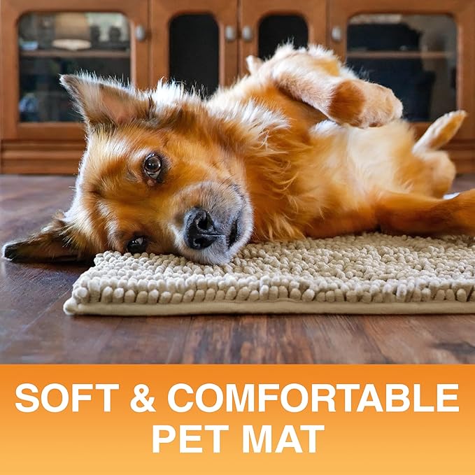 Neater Pets Muddy Paws Dog Door Mat 24” x 17” – Super Absorbent & Quick-Dry Chenille Doormat for Trapping Dirt, Water, Mud - Non-Slip & Machine Washable Pet Rugs for Entryway, Indoor Mud Mats, Tan