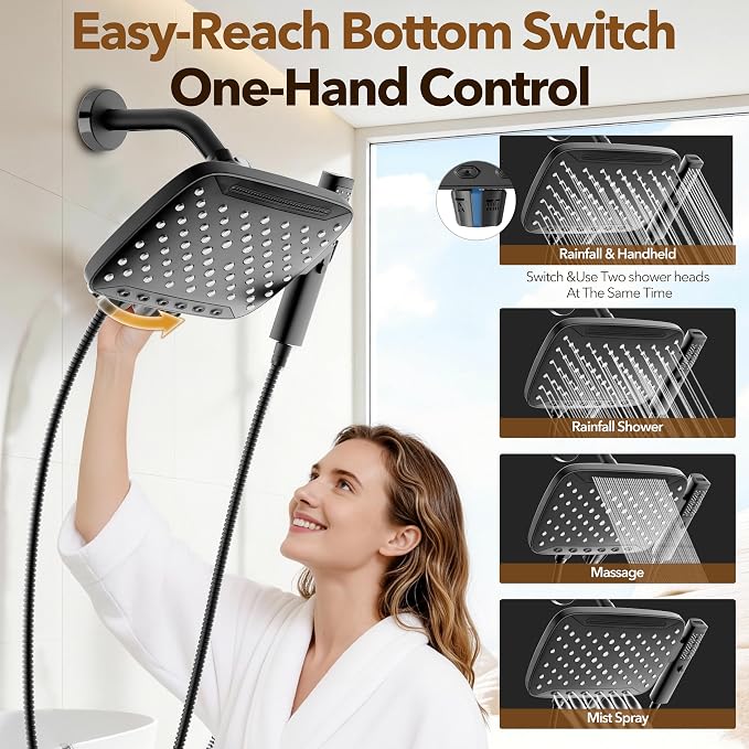 JDO High Pressure Rain Shower Head with Handheld Spray Matte Black, 7 Modes Dual Shower Head Combo, 10 Inch Rainfall Showerhead Detachable, Power Wash for Bathroom Cleaning