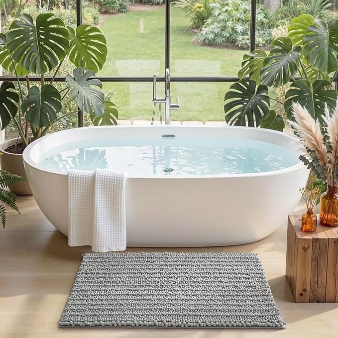 DEXI Bathroom Rugs 36x24, Super Soft Thick Chenille Absorbent Bath Mat, Non Slip Machine Washable Fluffy Shag Bathmat for Tub, Shower Floor, Light Grey