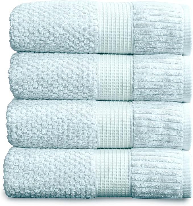 NY Loft 100% Cotton 4-Pack Bath Towel Set | Seafoam | Oeko-TEX | Quick-Dry | Four 30" x 52" Bath Towels | Super Absorbent | Designer-Styled Texture
