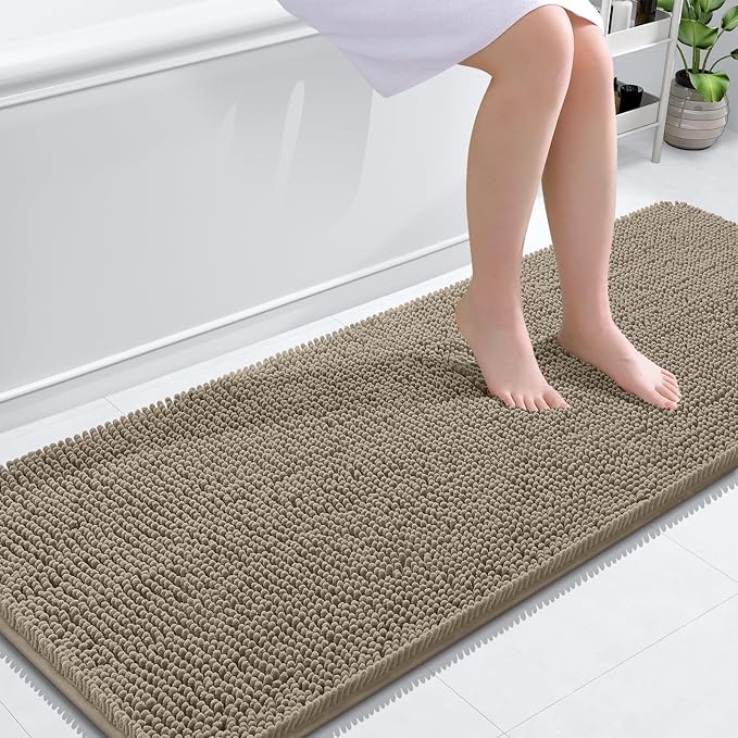 OLANLY Bathroom Runner Rugs 59x24, Soft Absorbent Chenille Bath Rugs, Rubber Backing Quick Dry, Machine Washable Long Bath Mats for Bathroom Floor, Tub and Shower, Home Decor Accessories, Warm Taupe