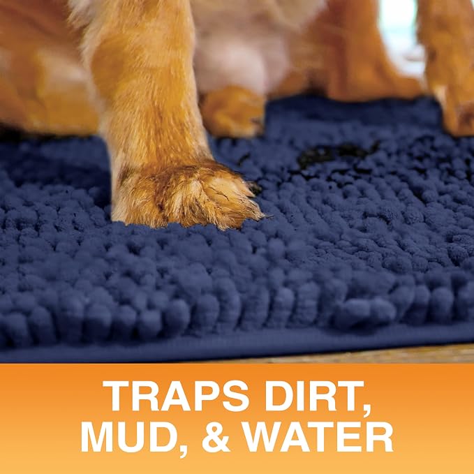 Neater Pets Muddy Paws Dog Door Mat 30” x 20” – Super Absorbent & Quick-Dry Chenille Doormat for Trapping Dirt, Water, Mud - Non-Slip & Machine Washable Pet Rugs for Entryway, Indoor Mud Mats, Navy