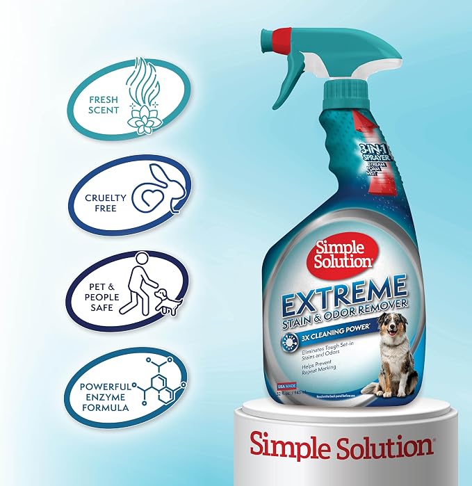 Simple Solution Extreme Pet Stain and Odor Eliminator Spray, Pee Stain Remover, Enzyme Cleaner, 3X Pro-Bacteria Cleaning Power, Dog Odor Remover, 32 oz