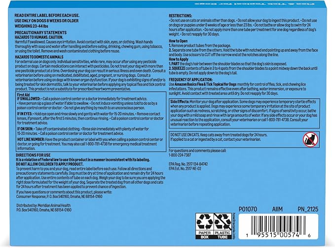 Amazon Basics Preventative Flea and Tick Topical Treatment for Medium Dogs (23-44 lbs), Up to 30 Days Protection, Fast Acting, 6 Counts, Packaging May Vary