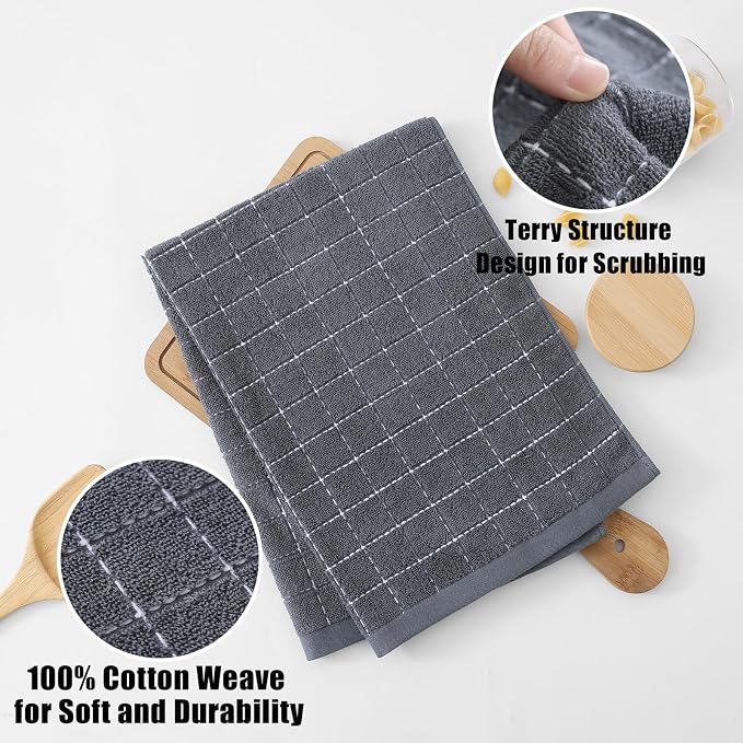 Homaxy 100% Cotton Terry Kitchen Towels(Dark Grey, 20 x 28 inches), Checkered Designed, Soft and Super Absorbent Dish Towels, Large 4 Pack
