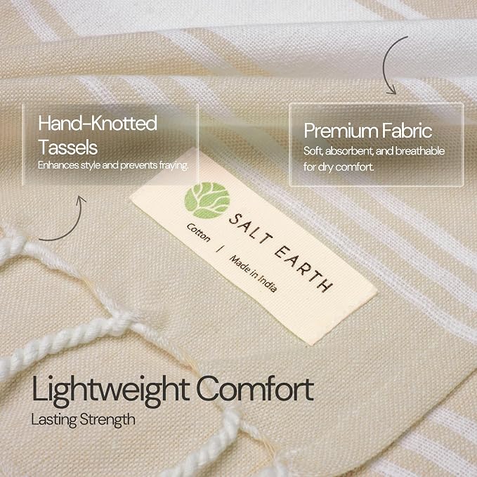 Salt Earth Cotton Turkish Beach Towel (Set of 4, 36"x72") - Soft, Quick Dry, Sand Resistant, Absorbent Towels for Bathroom, Home, Travel, Pool, Spa, Bath, Swim - Beach Towels Oversized (Beige)