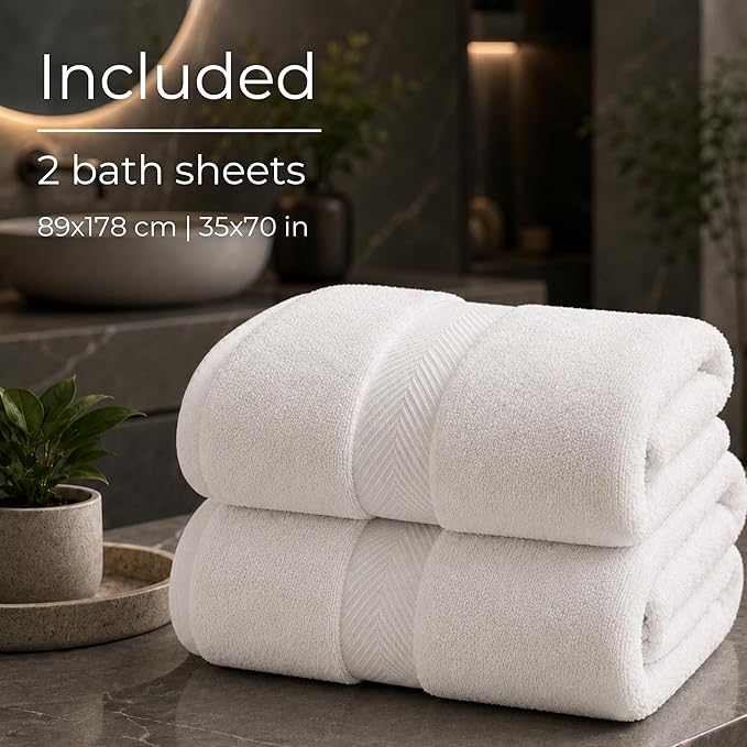 Viscose from Bamboo Bath Sheets Set of 2 - Extra Large 700 GSM Quick Dry Cotton Blend for Luxury Bathroom Comfort - Super Soft, Plush, Absorbent - Chalk