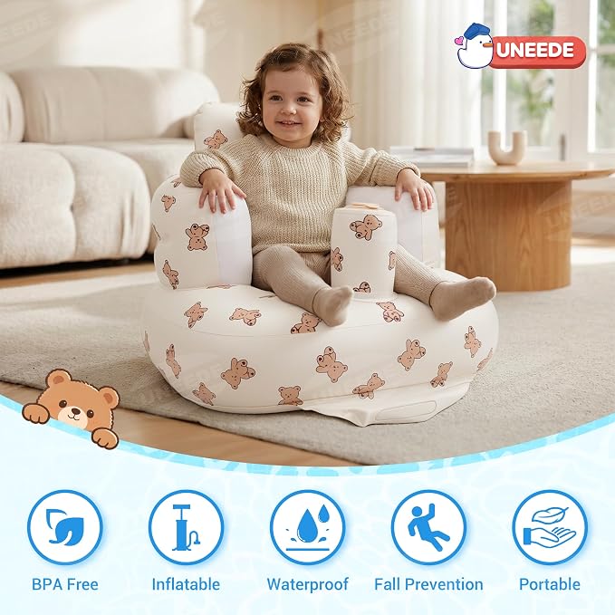 UNEEDE Inflatable Baby Seat for 3 Months & Up with Built in Air Pump | Baby Chair Floor Seat for Baby, Bumbo Seat for Learning to Sit, Feeding, Travel Baby Seat for Home, Camping, Beach & Outdoor