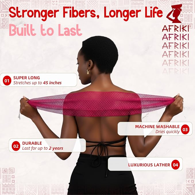African Net Sponge, Premium Authentic Exfoliating Body Scrubber, Extra Long Stretch Bath Sponge for Shower, Deep Exfoliating Washcloth for Smooth Skin, 1 Pack (Rose Gold)