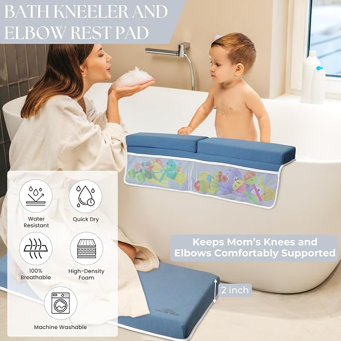 Baby Bath Kneeler and Elbow Rest Pad Set -2 Inch Thick Comfortable Non-Slip 30" Extra Long Bath Kneeling Pad with Toy Organizer Pockets - Soft Machine Washable XL Memory Foam Bathing Support Cushion