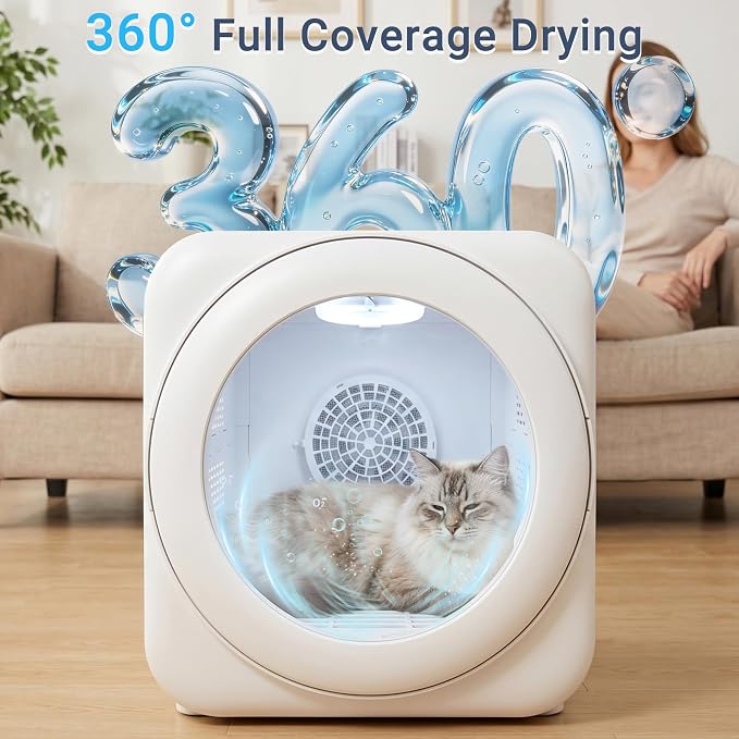 Automatic Pet Dryer Box, 360° Airflow Cat Dryer, Ultra Quiet, Temperature Control, Adjustable Wind Speed, 3 Million Negative Ions, 65L Large Capacity for Cats & Small Dogs